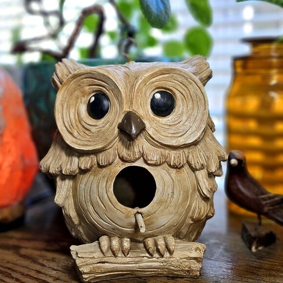 Vtg Carved Garden Hanging Owl Decor Small Nesting Resin Bird House Outdoor Cream - Picture 12 of 12